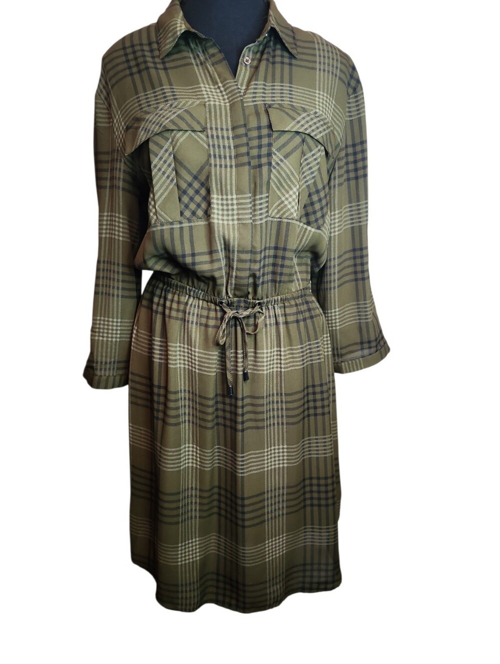 Reitmans Olive Plaid Drawstring Dress Size Small